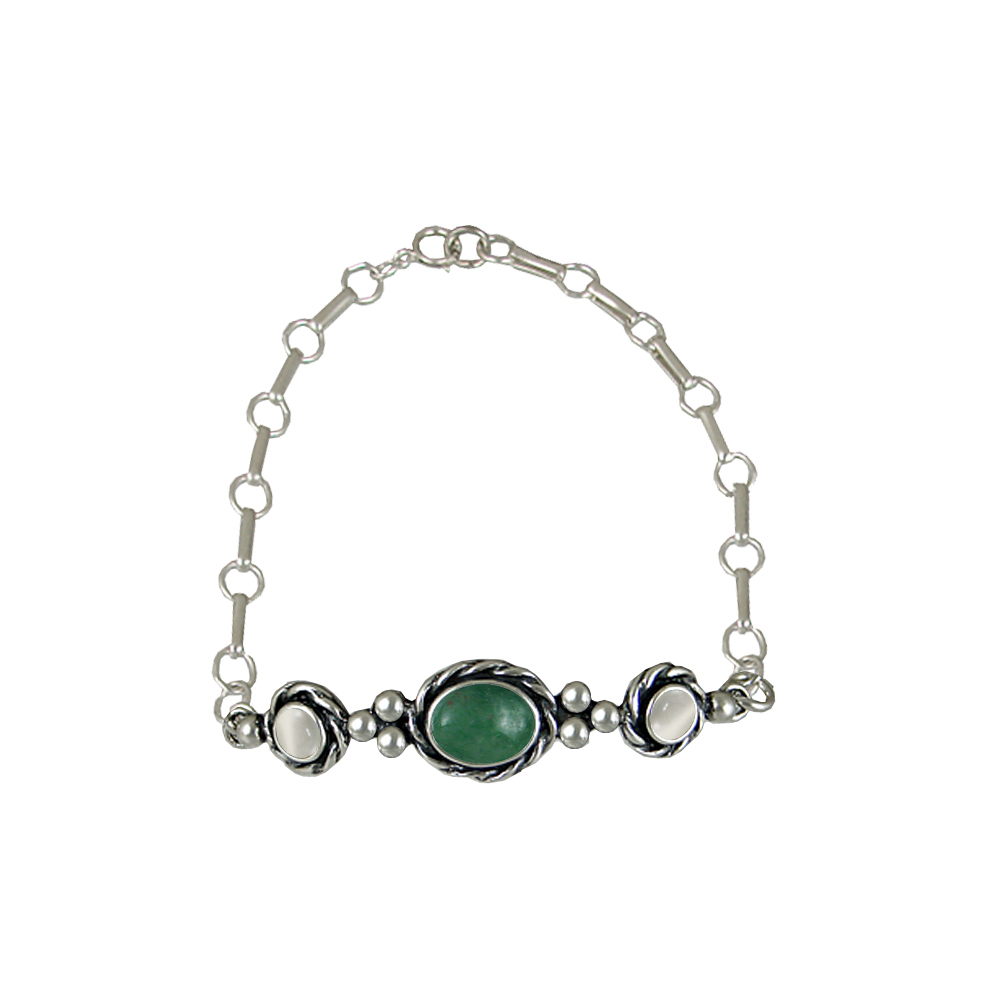 Sterling Silver Gemstone Adjustable Chain Bracelet With Jade And White Moonstone
